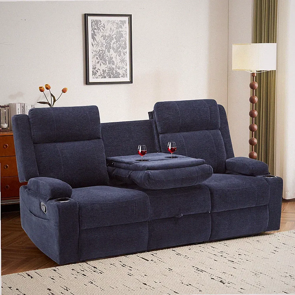 Chenille Reclining Sofa 3-Seater with Convertible Table, Storage Ottoman