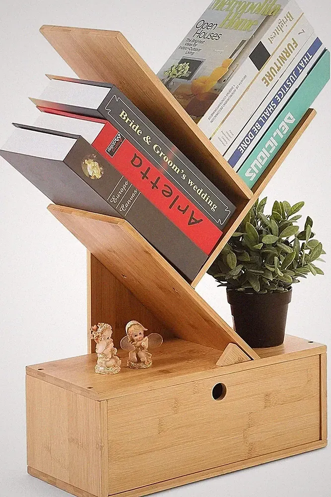 HYNAWIN Bamboo Tree Bookshelf w/Drawers 3-Tier Desktop Rack for Books&CDs&Files