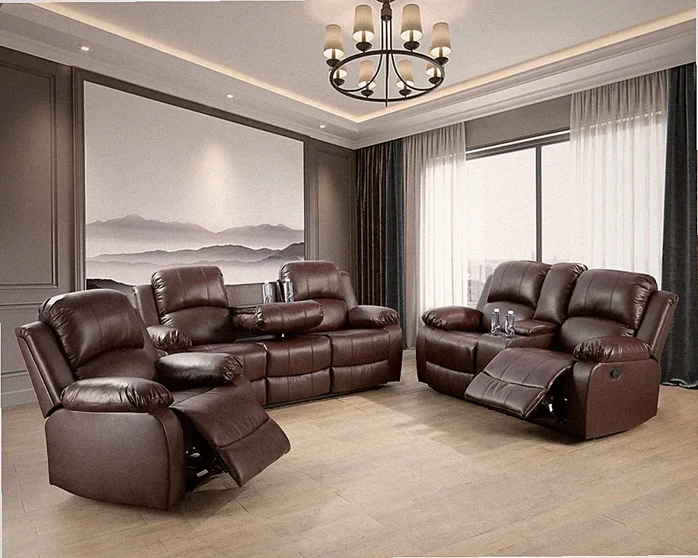 NEW 3PC Sofa Loveseat Chair Brown Leather Living Room 5-Seater Recliners Set