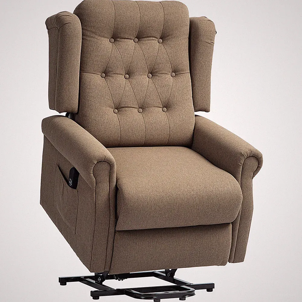 Recliner Lift Chair Dark Brown Linen 85Wx94Dx105Hcm Wingback Tufted Pocket Ergo