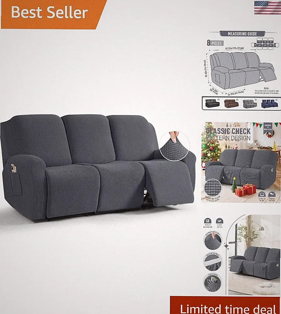 Transform Your Sofa with 8-Piece Grey Recliner Slipcovers - Stain Resistant Fit