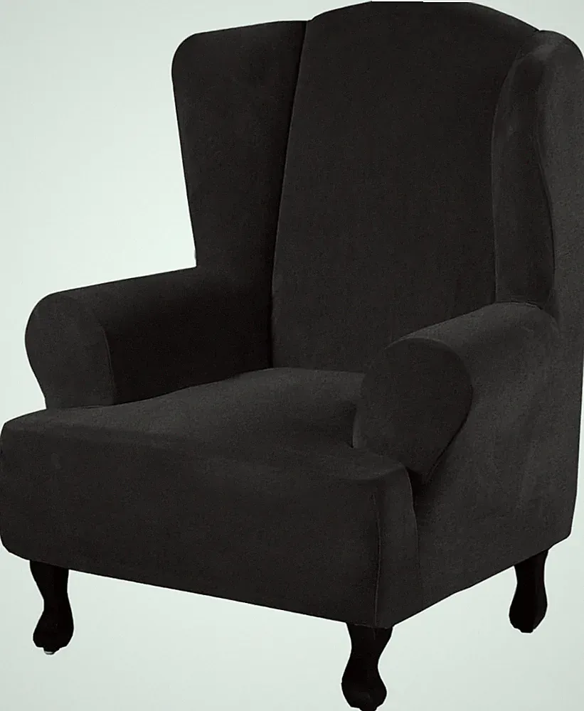 Velvet Plush Wingback Chair Cover - Stretchy Slipcover with Elastic Bottom, Blac